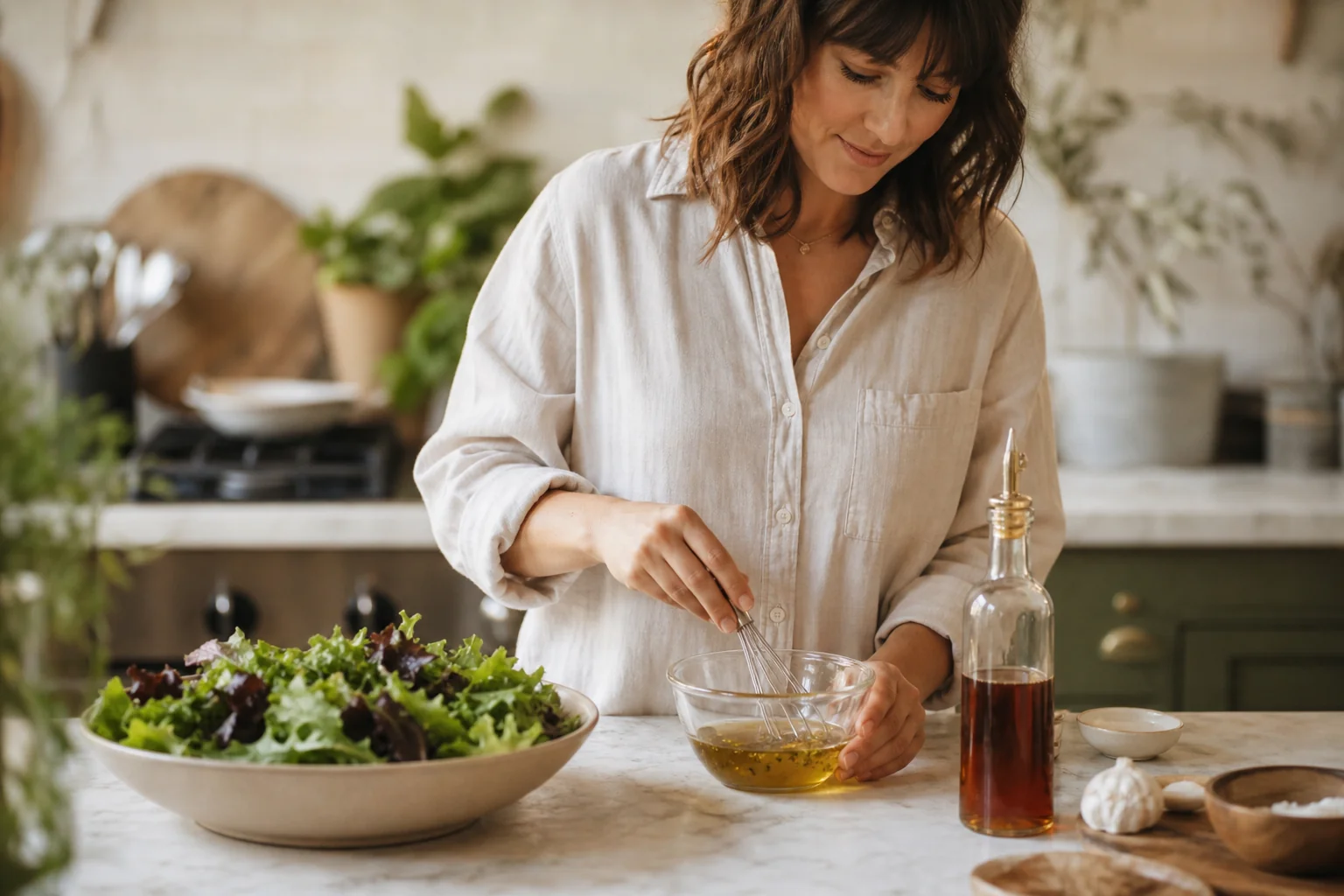 Home cook preparing salad dressing with vinegar on kitchen counter