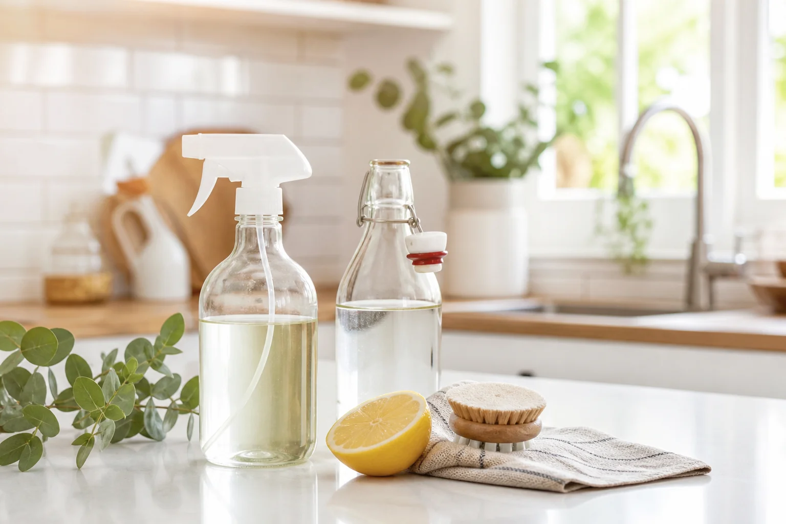 Natural home cleaning with vinegar on a bright kitchen counter